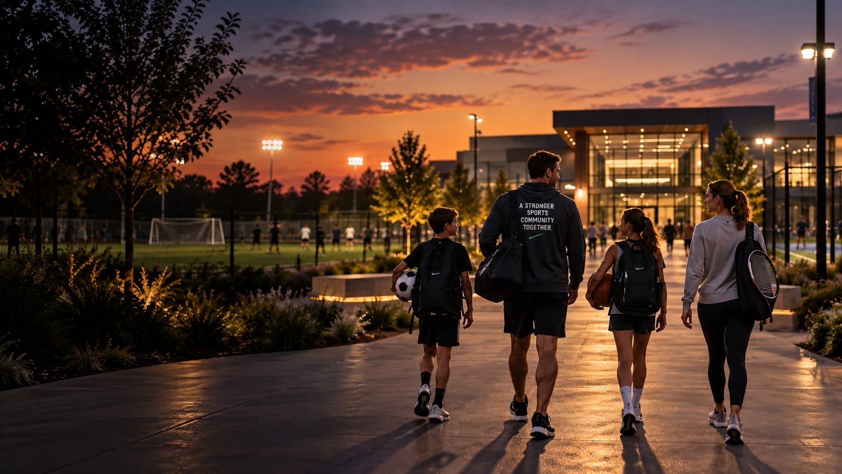 A family of four walks toward a glass-fronted sports complex at sunset, carrying a soccer ball, a basketball and a tennis racket, with floodlit fields behind them